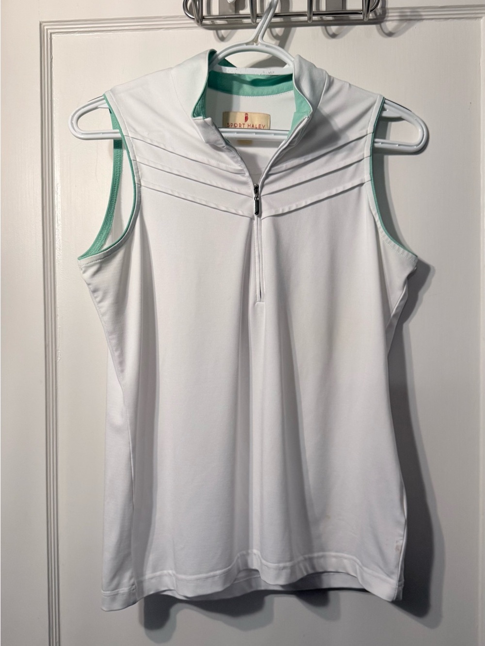 Sport Haley White Sleeveless Quarter-Zip Mock Neck Tank with Mint Trim